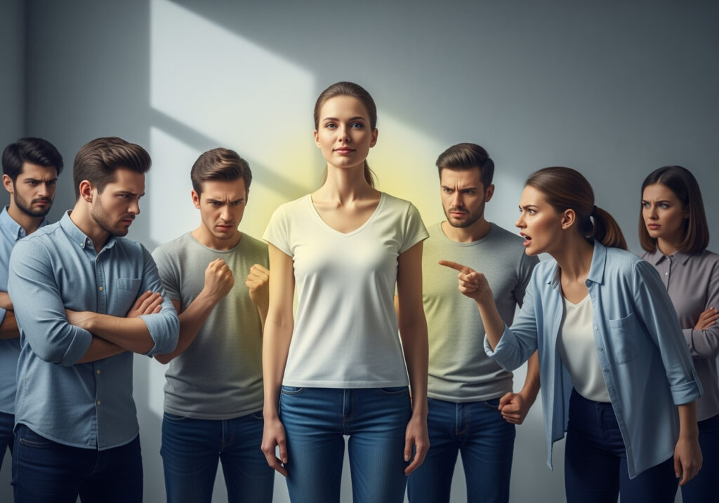 depicts an overwhelmed woman dealing with stress factors around her