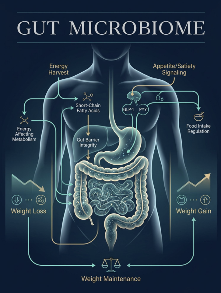 Visual summary of how the gut microbiome may affect body-weight regulation.