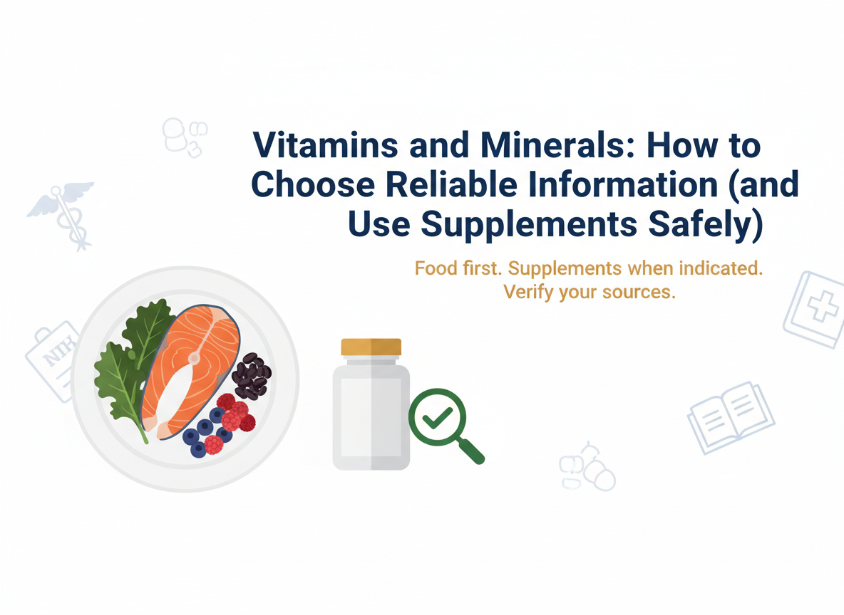 Blog header graphic showing a plate with salmon, leafy greens, beans, and berries next to a supplement bottle and a magnifying glass with a checkmark, representing safe, evidence-based supplement use.